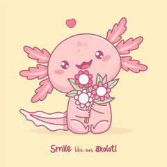 Cute smiling Axolotl with bouquet of flowers. Funny festive little cartoon kawaii animal character. Vector illustration. Holiday postcard. Kids collection
