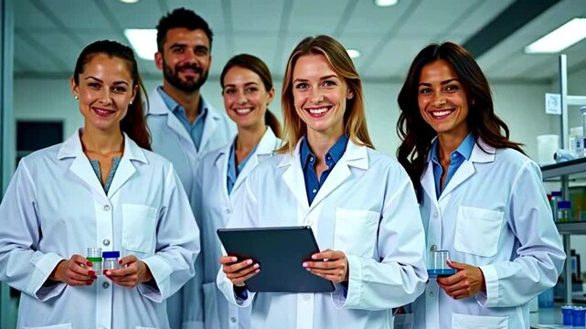 A portrait of a diverse research team standing together in a modern laboratory, all wearing white coats and smiling at the camera. The group includes both female and male scientists, holding test samp