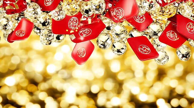A magical depiction of red envelopes levitating in a golden mist, with auspicious symbols subtly glowing on their surfaces