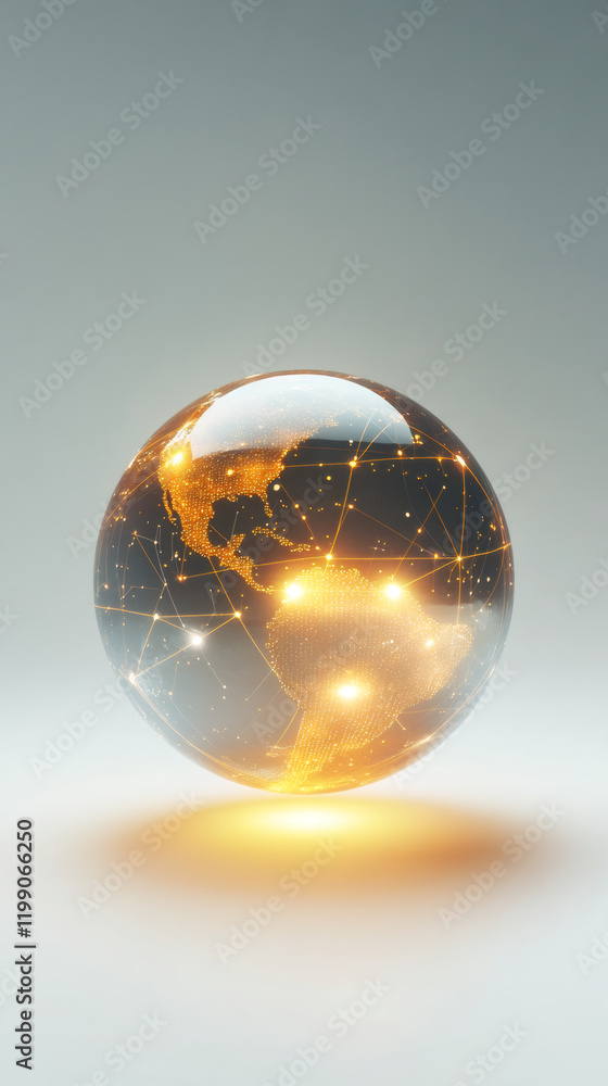 Aufkleber digital world globe rotating, showing connections between continents with glowing dots and lines, fl