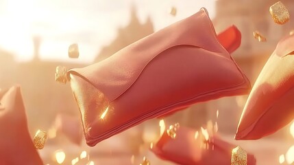 Bright red envelopes floating in mid-air surrounded by golden sparkles and soft glowing light, symbolizing prosperity and good fortune