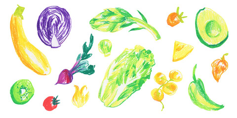 Clip art of brightly colored vegetables drawn with wax crayons on white isolated background. Kids food collection of oil pastel illustrations.