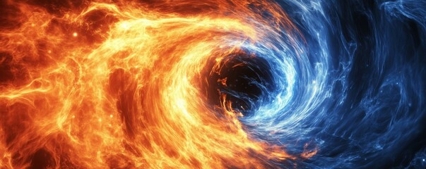 Naklejka premium Dynamic vortex of fiery orange and deep blue swirls capturing cosmic energy.