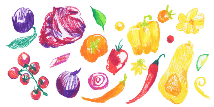 Naklejki Clip art of brightly colored vegetables drawn with wax crayons on white isolated background. Kids food collection of oil pastel illustrations.