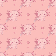 Seamless pattern with cute Axolotl on pink background with heart. Funny Little cartoon kawaii character. Vector illustration. Romantic background valentine