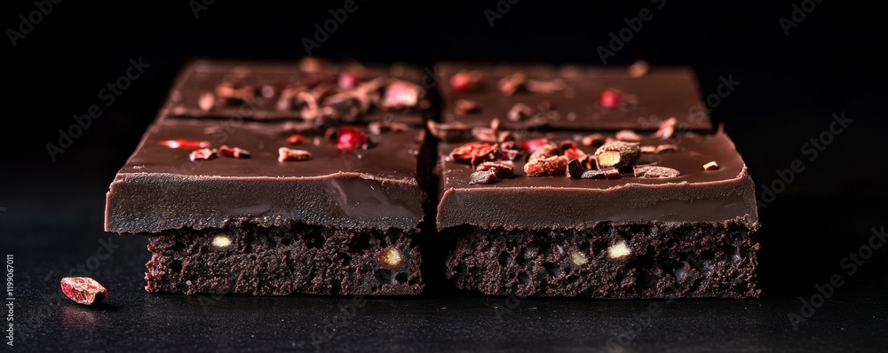 Poster decadent chocolate cake slice with ganache and cocoa nibs.