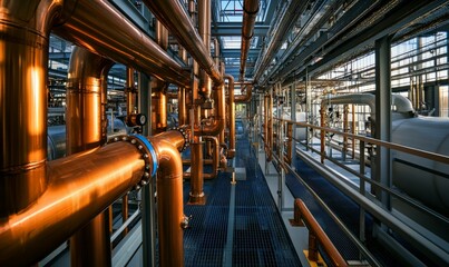 Fototapeta premium Efficiency Upgrade: Neatly Arranged Copper Pipes with Fresh Insulation Installation in Brightly Lit Commercial Building