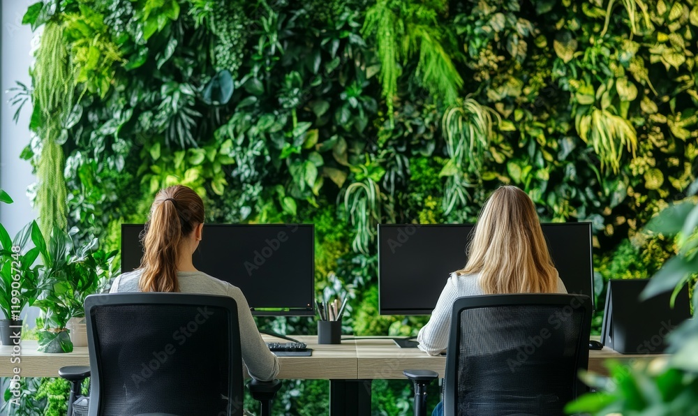 Aufkleber efficient workspace with two professionals working in front of computers, surrounded by vibrant gree