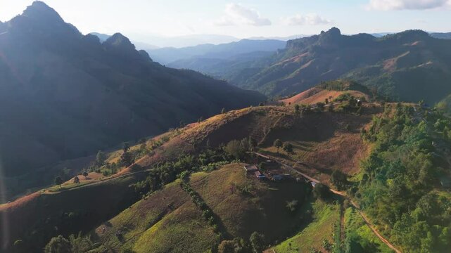 Thailand Mae Hong Son province aerial sunset footage of mountains landscape