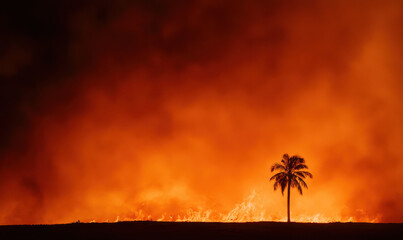 Dramatic Landscape of Solo Palm Amidst a Roaring Wildfire Illustrating Environmental Crisis and Climate Impact