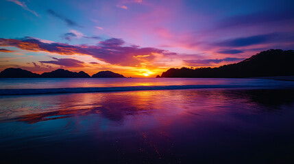 Vibrant sunset over a tranquil beach with colorful sky and ocean reflection.