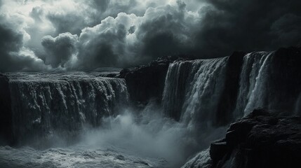 Fototapeta premium Majestic Waterfall Surrounded by Dark Stormy Clouds and Mist