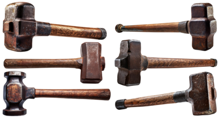 Collection and variation. Old rusty sledge hammer with wooden handle, 19th century, isolated on transparent or white background. Png. Generative Ai.