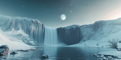 Majestic Waterfall Under Moonlight in Serene Winter Landscape