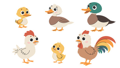Domestic birds with their children. Chicken, rooster, chicken, duck, duckling, sparrow, duckling. Set of flat vector illustrations on white background.