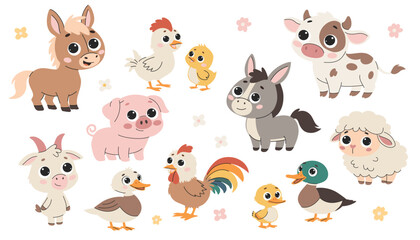 Obraz premium Cute farm animals vector illustration set. Set of flat vector illustration on white background. Domestic farm animals. 
