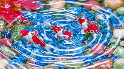 A tranquil scene of goldfish floating in calm water, with ripples and subtle wave designs glowing under warm light