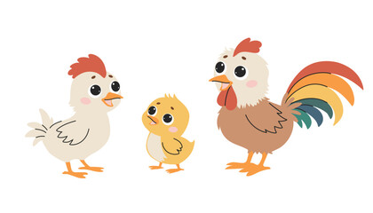 Chickens with a rooster. The village is a poultry farm. Vector illustration on a white background.
