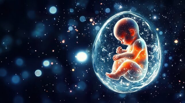 Fototapeta Human embryo shaped like an adorable baby floating among stars and cosmic dust, symbolizing fetus development, womb, gestation, amniotic life, and pregnancy in the universe