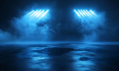 Obraz premium Dark empty scene, blue neon searchlight light, wet asphalt, smoke, night view, rays.