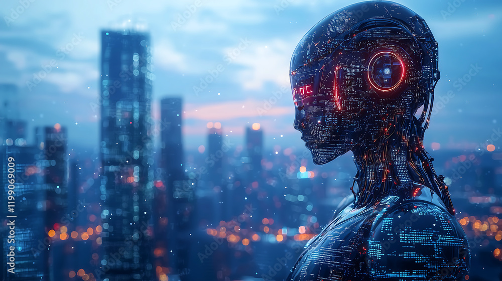 Aufkleber futuristic cybernetic robot with glowing red circuitry against modern urban skyline representing adv