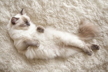 Professional photograph featuring Birman cat lounging on textured rug