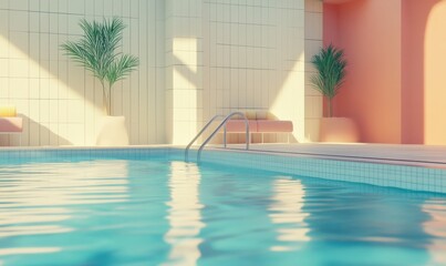 Empty poolside surface with summer travel hotel swimming pool background.