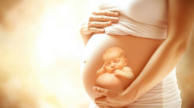 Pregnant woman holding her belly with baby inside close up of stomach and hands warm tones, symbolizing womb, gestation, amniotic care, fetus, and pregnancy