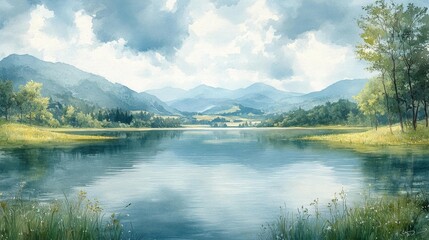 Naklejka premium Peaceful Watercolor Landscape of a Serene Lake. Generative AI