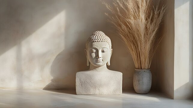 Serene Buddha bust, pampas grass, sunlit interior, peaceful atmosphere, meditation