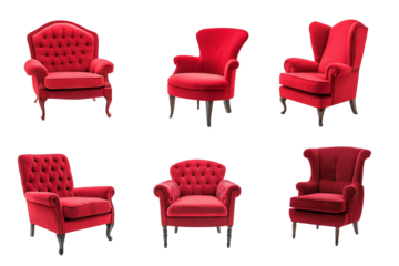 Set of red armchairs, in different styles and shapes, isolated on a transparent background