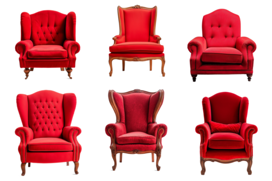 Set of red armchairs, in different styles and shapes, isolated on a transparent background 