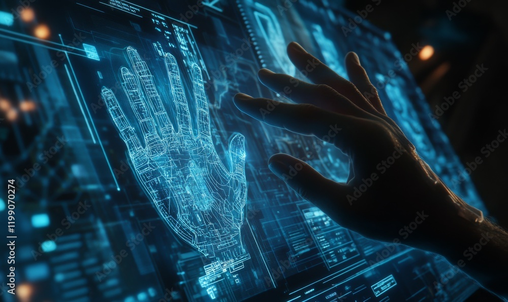 Poster digital hands interacting with holographic blueprints, showcasing advanced technology and engineerin