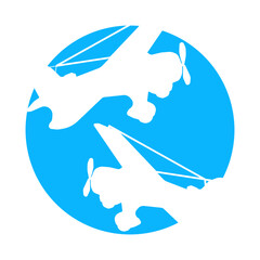 Plane clipart featuring a whimsical trail, positioned on a plain white background for an uncluttered aesthetic. Airplane emblem, logo, vector.