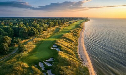 Fairway with a small beach and sand dunes along the coastline near Port Gdansk, landscape photography, fairway