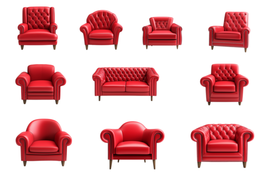 Set of red leather armchairs isolated on a transparent background 