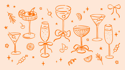 Set of champagne and martini glasses with bows. Hand drawn ink vector illustration. Elements for poster, social media, banners, invitation. Trendy coquette core template.   