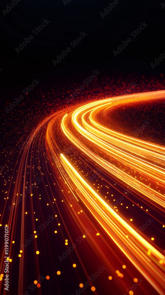 Poster Golden light trails swirling in space with particles, creating a futuristic data stream visualization