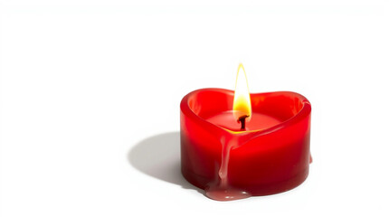 romantic red candle with a heart-shaped carving, glowing flame, and melted wax.