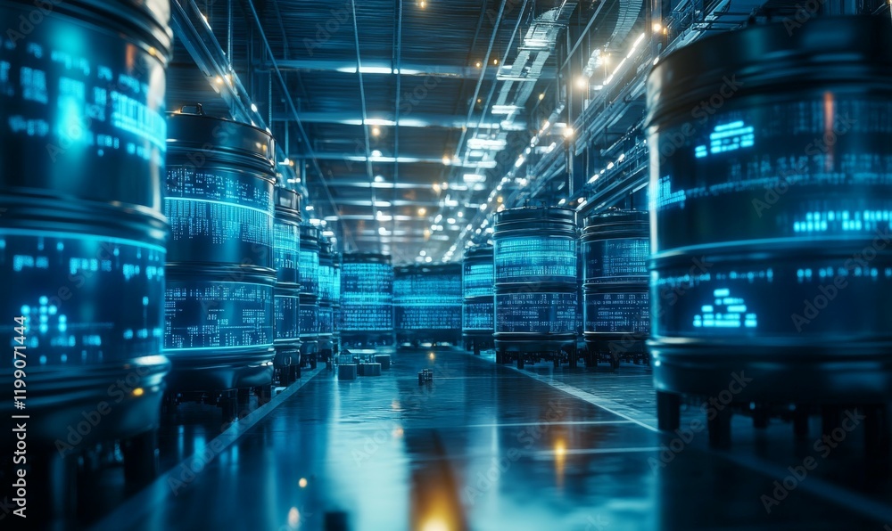 Poster data-driven petroleum storage: gasoline barrels in warehouse with digital distribution display