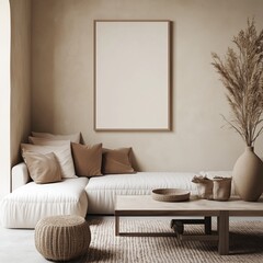 A minimalist living room wall with a blank frame hanging on it.