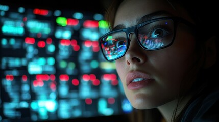 In a dark room, a young woman wearing glasses intently studies multiple digital screens filled with colorful charts and data. Her expression shows deep concentration as she analyzes information