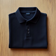 A neatly folded plain black polo shirt on a smooth wooden surface.