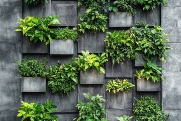 Fototapeta premium Vertical garden planters on a concrete wall urban setting green living space modern design close-up view sustainability concept