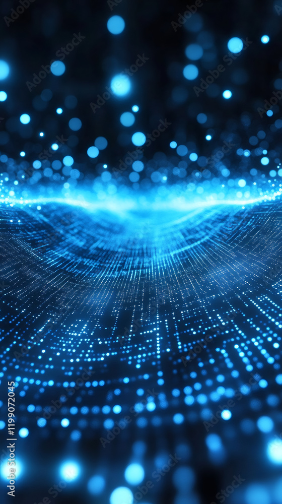 Leinwandbilder Abstract futuristic background of blue glowing particles wave flowing in virtual reality cyberspace with bokeh lights