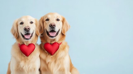 Golden Retrievers Wearing Heart Decorations on Pink Background