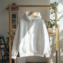 A plain white hoodie hanging on a wooden rack in a bright room.