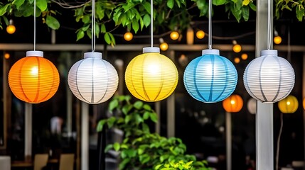 A dynamic composition of colorful lanterns suspended above a narrow street, with festive decorations and a glowing ambiance