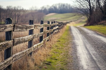 Obraz premium A rustic wooden fence alongside a country road landscape photography natural environment serene viewpoint emphasizing wall structures