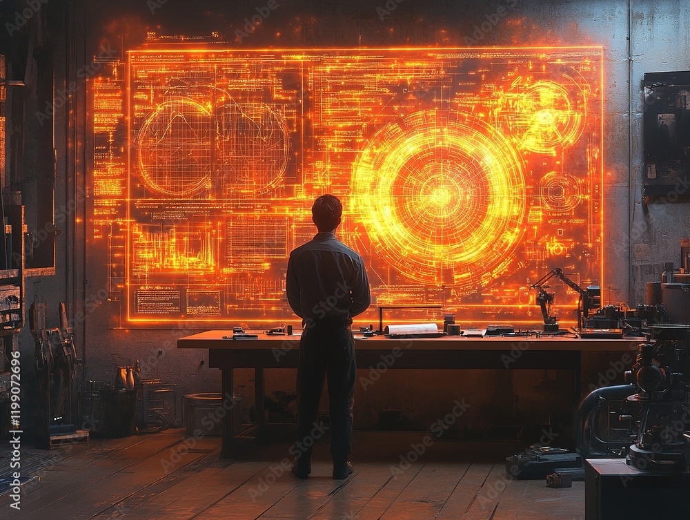 Aufkleber man analyzing holographic interface in futuristic workshop